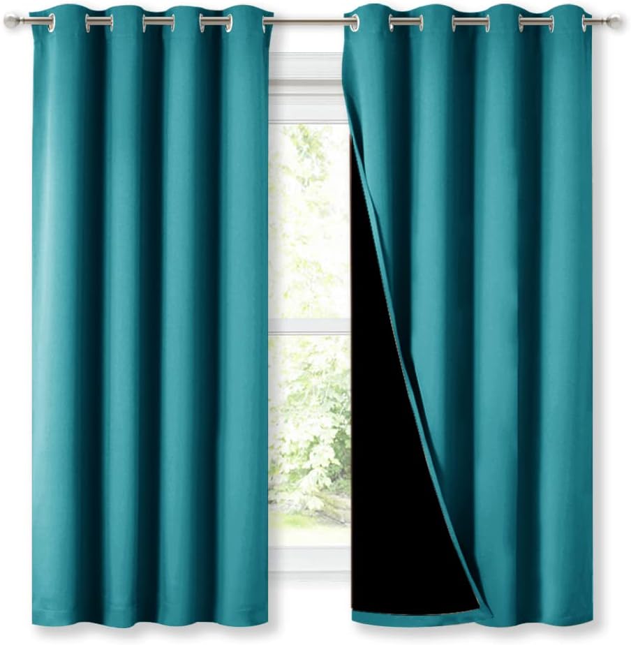 NICETOWN Extra Long Truly Blackout Drapes for Hall and Villa, 46" Width Each Panel, 45" Length, Peacock Teal, 2 Pieces, 100% Blackout Window Curtain Panels with Black Lined for Night Shift Worker