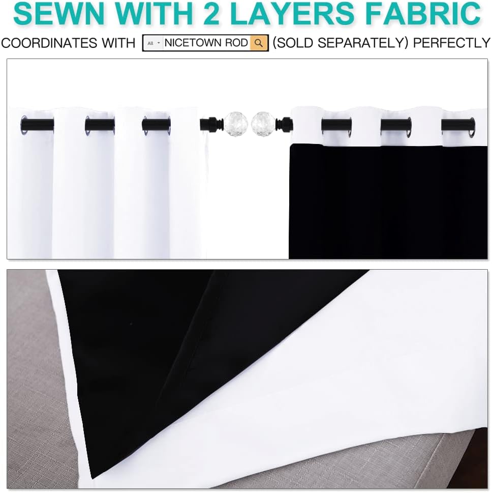 NICETOWN 100% Blackout Window Curtain Panels, Full Light Blocking Drapes with Black Liner for Nursery, 72-inch Drop Thermal Insulated Draperies (White, 2 Pieces, 42-inch Wide Per Panel)