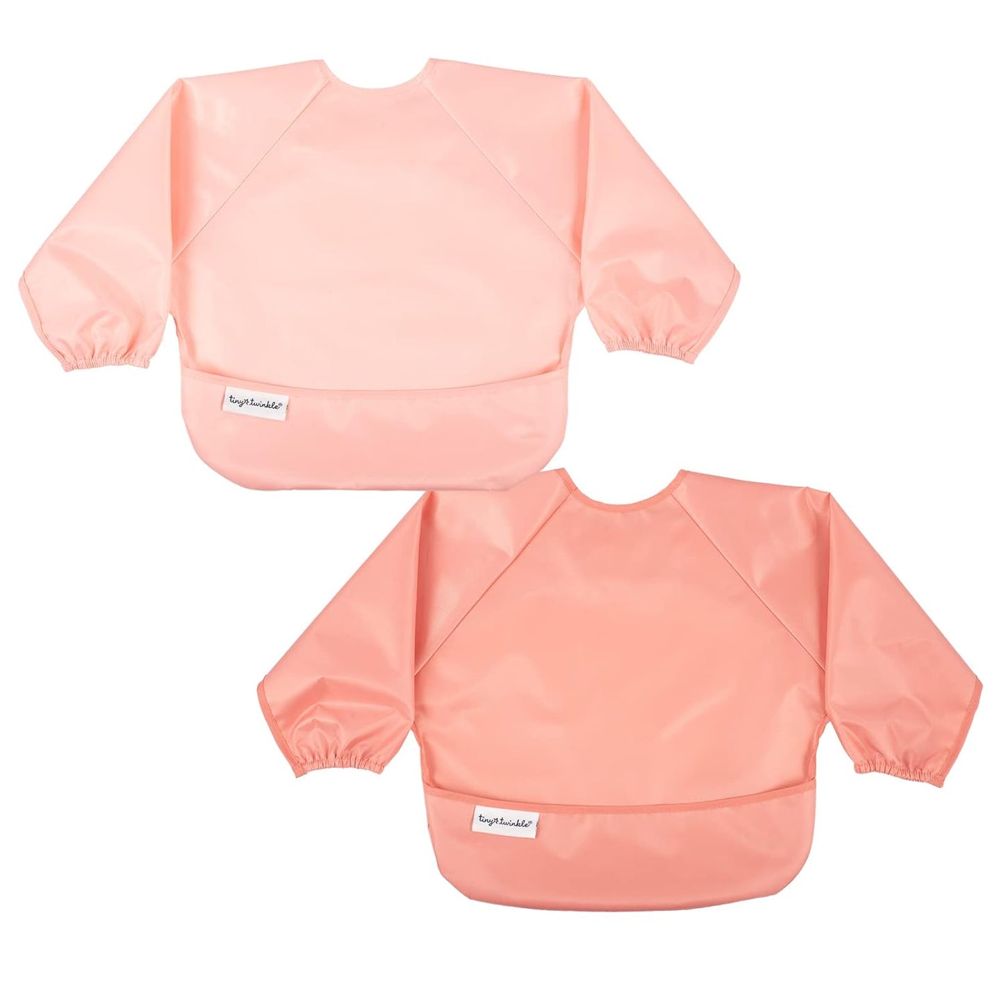 Tiny Twinkle Mess Proof Baby Bibs, 2pk Waterproof Smock Baby Bibs for Eating, Machine Washable Long Sleeve Bibs, Baby Led Weaning, Toddler Bibs, BLW Supplies (Peach Terracotta, Large 2-4 Years)