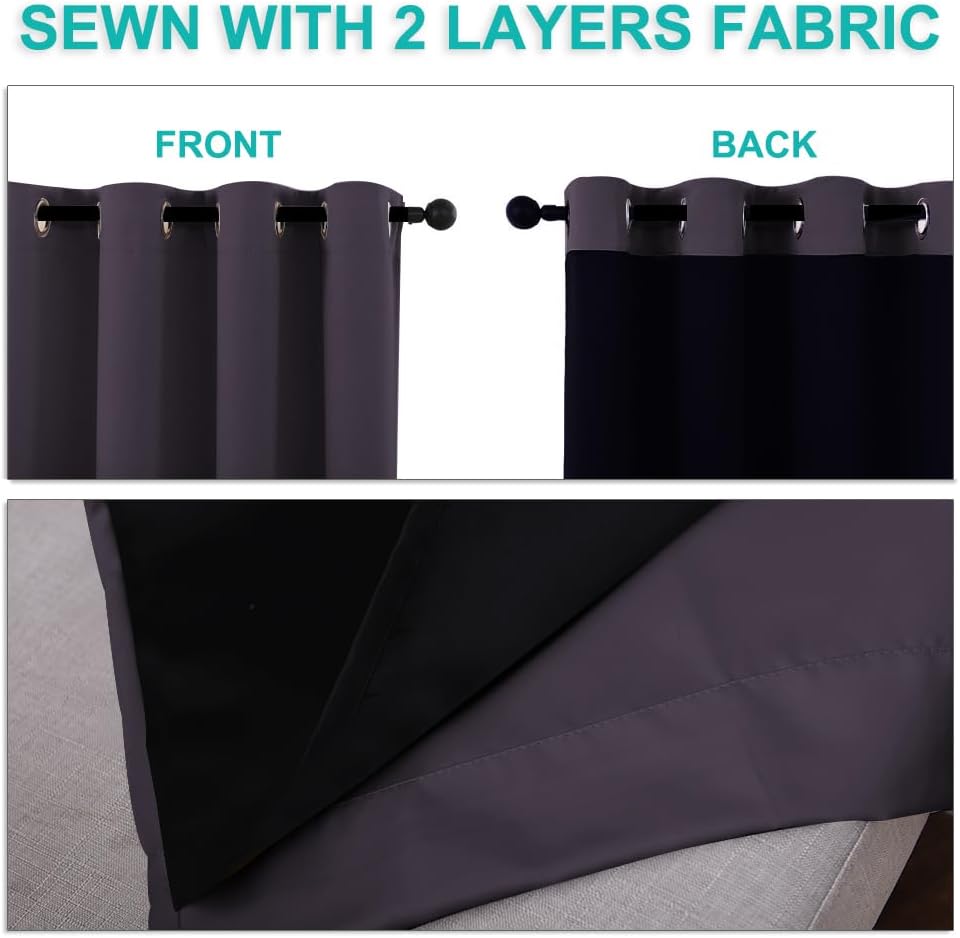 NICETOWN 100% Blackout Window Curtain Panels, Greyish Purple, 2 PCs, 62" Wide Each Panel, Cold and Full Light Blocking Drapes with Black Liner for Nursery, 84 inches Drop Thermal Insulated Draperies