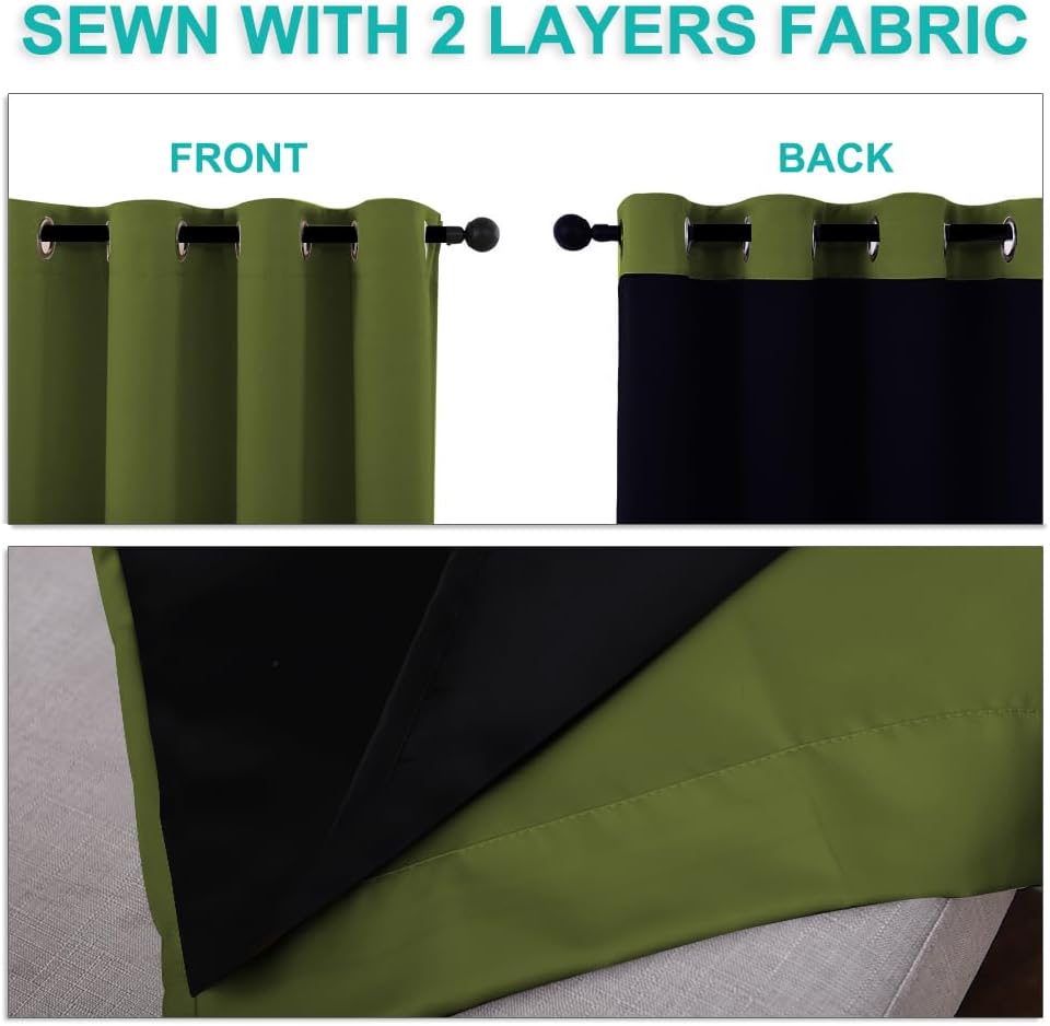NICETOWN 100% Blackout Curtains 54" Long, Olive Green, 1 Pair, 42" Width Each Panel, Double-Deck Completely Blackout Window Treatment Thermal Insulated Lined Drapes for Small Window
