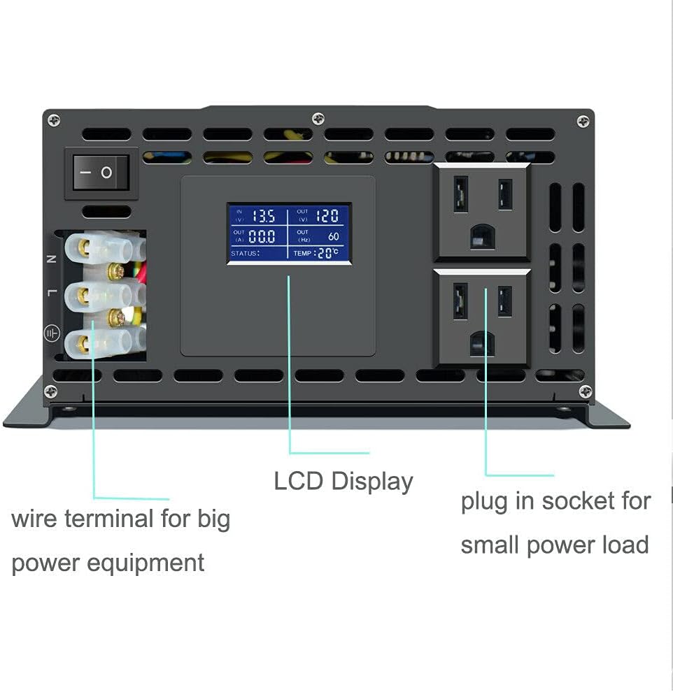 WZRELB Pure Sine Wave Inverter 3000W 24VDC to 120VAC Solar Power Peak 6000W Converter Truck RV Home LCD Display, Black (LN300024)
