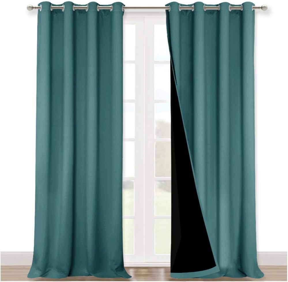 NICETOWN 100% Blackout Blinds, Set of 2, 46" x 102", Sea Teal, Laundry Room Decor Window Treatment Curtains for Large Patio Sliding Door, Thermal Insulated Curtains for Bedroom