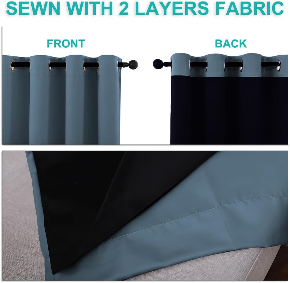 NICETOWN 100% Blackout Short Curtains with Black Liners, 2 Panels, 37" W by 40" L, Smoky Blue, Solid Thermal Insulated Full Blackout 2-Layer Lined Drapes, Energy Efficiency Window Drapes for Bedroom