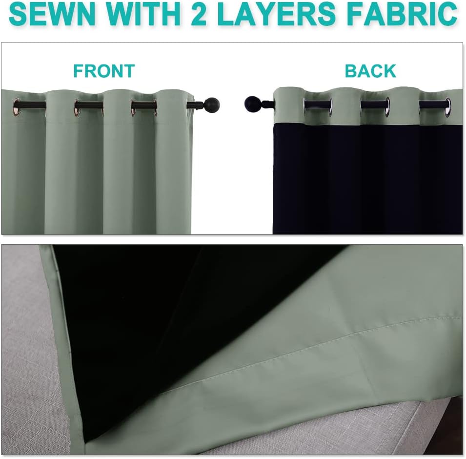 NICETOWN 100% Blackout Window Curtain Panels, Cold and Full Light Blocking Drapes with Black Liner for Nursery, 84 inches Drop Thermal Insulated Draperies (Greyish Green, 2 Pieces, 52" Wide per Panel)