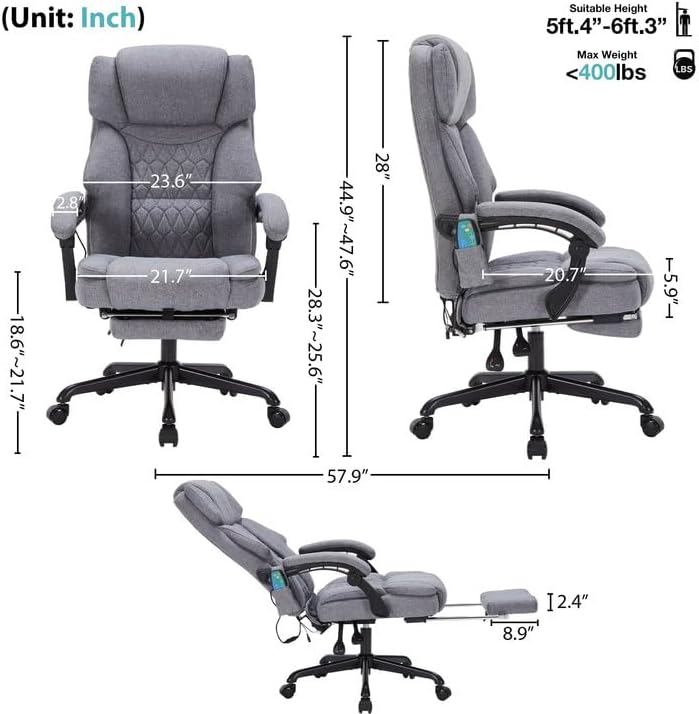 Massage Office Chair with Heat,Reclining Office Chair with Foot Rest,6 Points Vibration Home Desk Chairs for Heavy People 400lbs,Ergonomic Managerial Executive Chair (Grey)