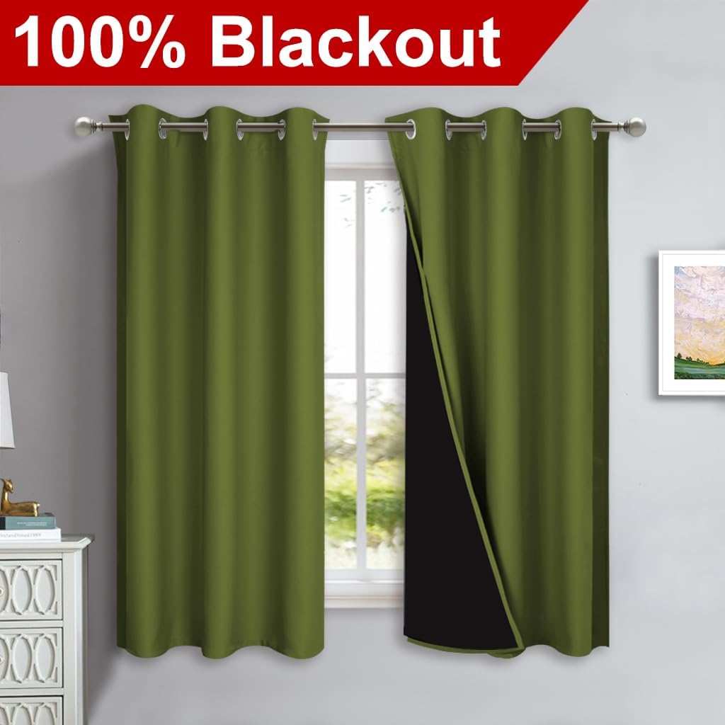 NICETOWN 100% Blackout Short Curtains with Black Liners, 2 Panels, 37" W by 63" L, Olive Green, Solid Thermal Insulated Full Blackout 2-Layer Lined Drapes, Energy Efficiency Window Drapes for Bedroom