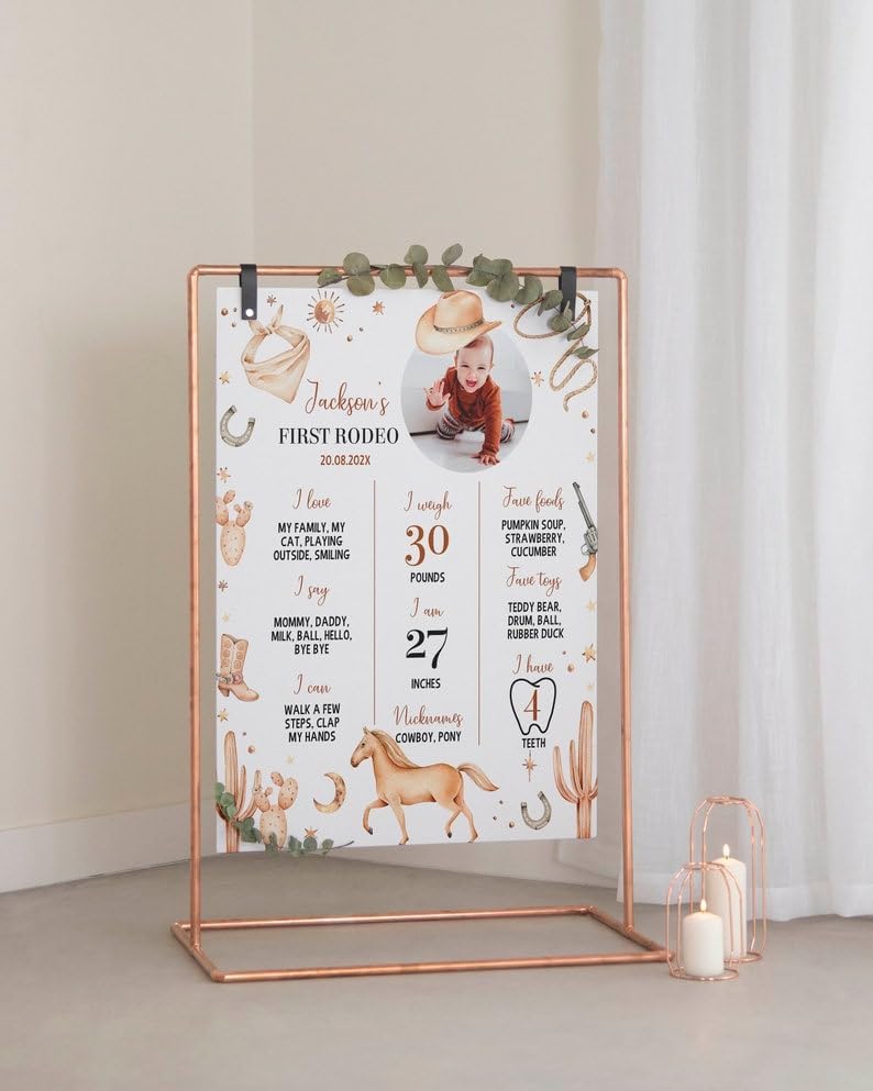 Generic Personalized First Rodeo Milestone Sign, Cowboy 1St Birthday Photo Milestone Poster, Wild West First Birthday Board, Design 015
