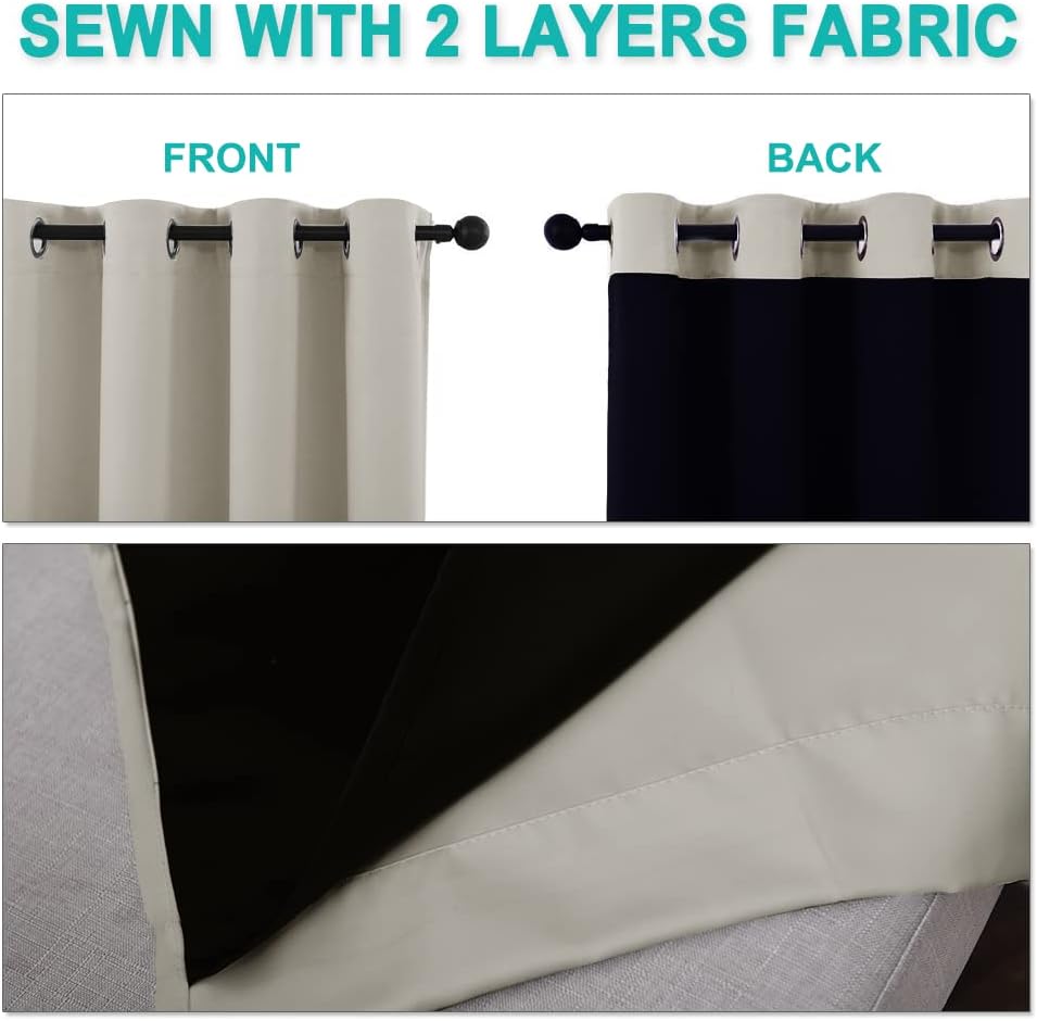 NICETOWN Natural 100% Blackout Curtains for Windows, Pack of 2, 52 inches W x 102 inches L, Super Heavy-Duty Black Lined Total Darkness Drapes for Bedroom, Privacy Assured Window Treatment for Patio