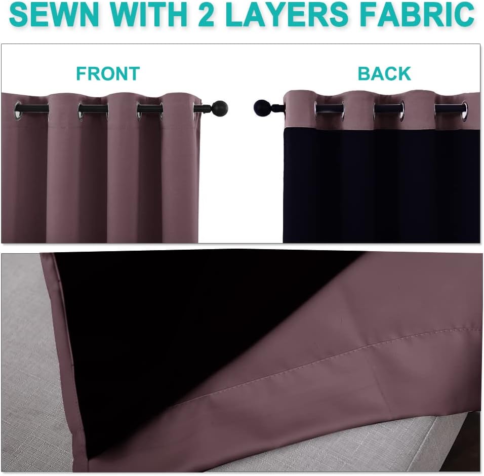 NICETOWN 100% Blackout Window Curtain Panels, Full Light Blocking Drapes with Black Liner for Nursery, 72-inch Drop Thermal Insulated Draperies (Dry Rose, 2 Pieces, 62-inch Wide Per Panel)