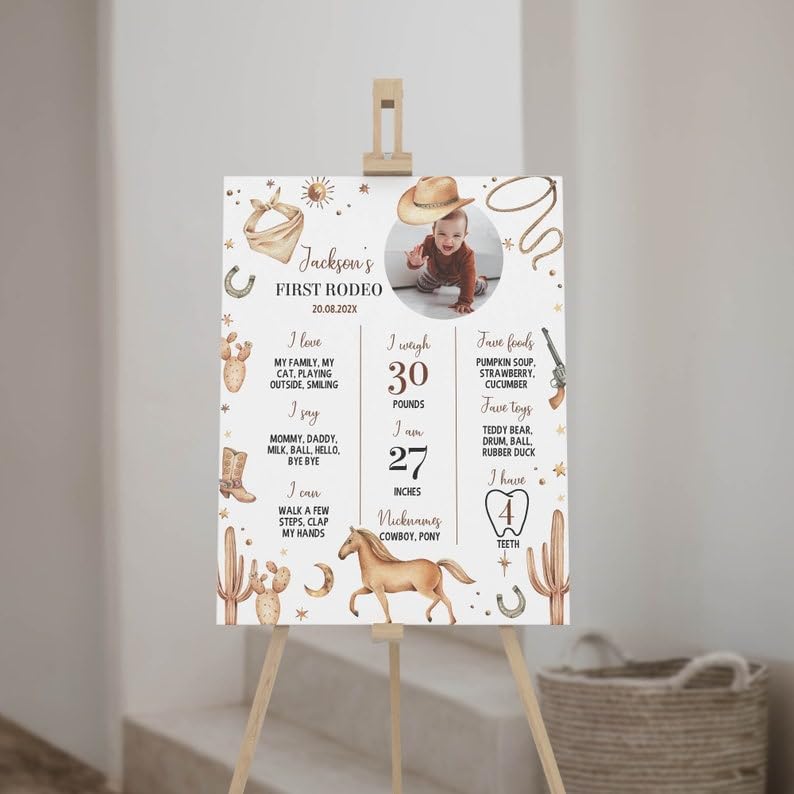 Generic Personalized First Rodeo Milestone Sign, Cowboy 1St Birthday Photo Milestone Poster, Wild West First Birthday Board, Design 015