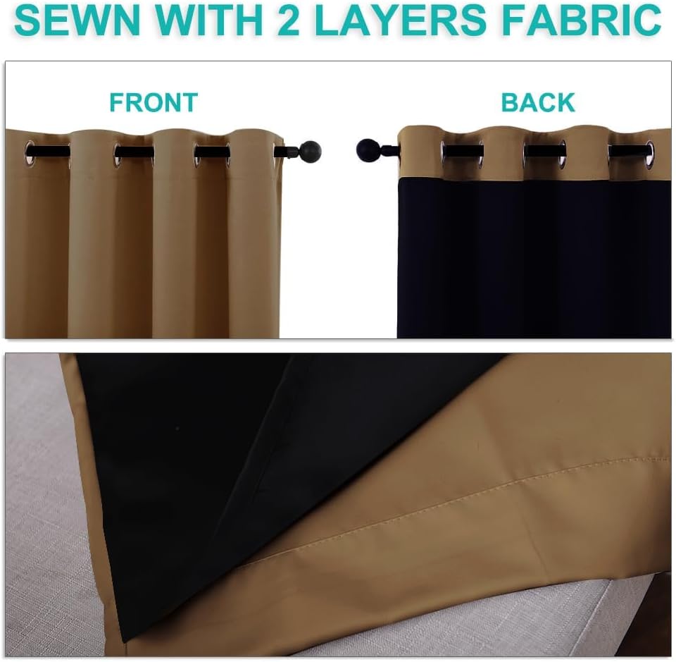 NICETOWN 100% Blackout Curtains 45 inches Long, Gold Brown, 1 Pair, 52 inches Width Each Panel, 2 Thick Layers Completely Blackout Window Treatment Thermal Insulated Lined Drapes for Small Window