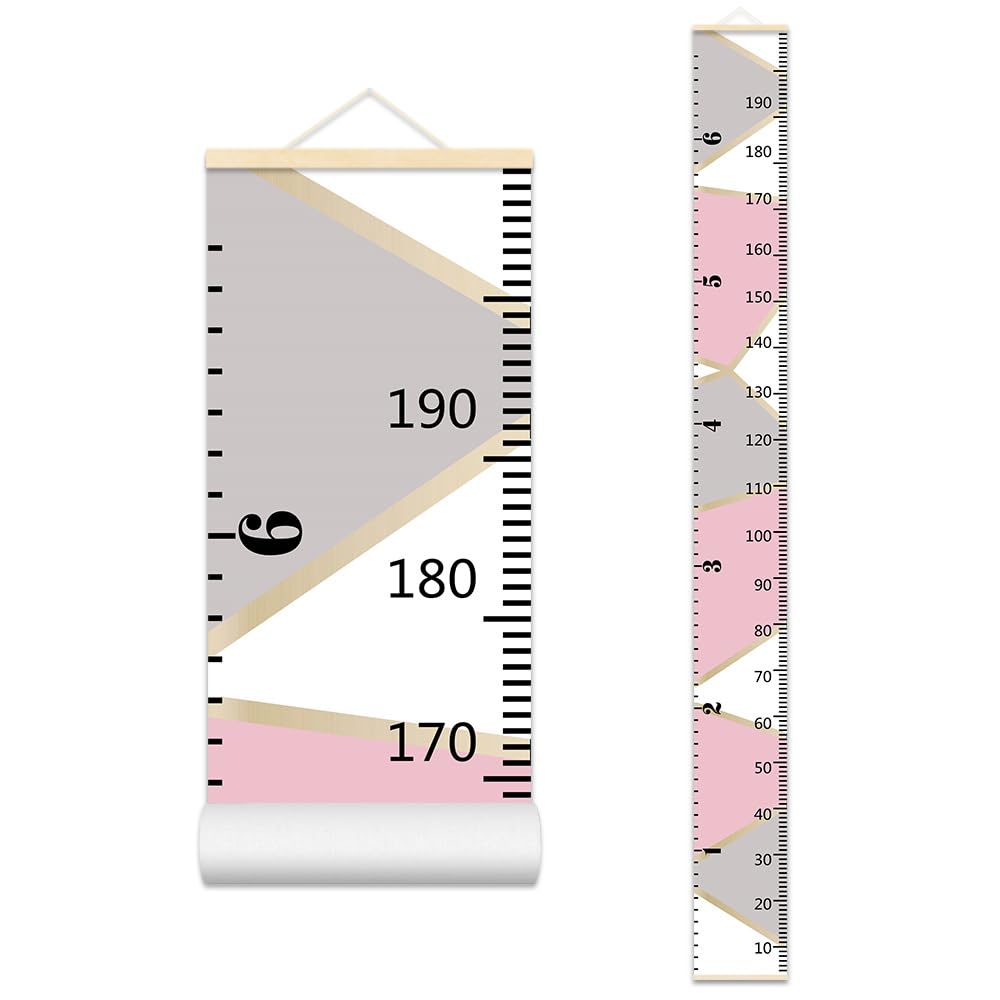 Pink Gray Color Block Growth Chart for Kids Baby Height Chart Ruler Removable Canvas Wooden Frame Hanging Wall Rulers Measurement Charts for Toddler Room Decor - 79"X7.9" with Beige Wood