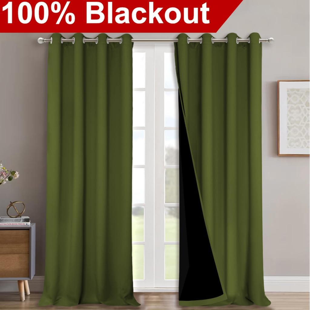 NICETOWN Full Shading Curtains 90" Long 2 Panels Set for Windows, Olive Green, Pack of 2, 52" W, Super Heavy-Duty Black Lined Blackout Curtains for Bedroom, Privacy Assured Window Treatment