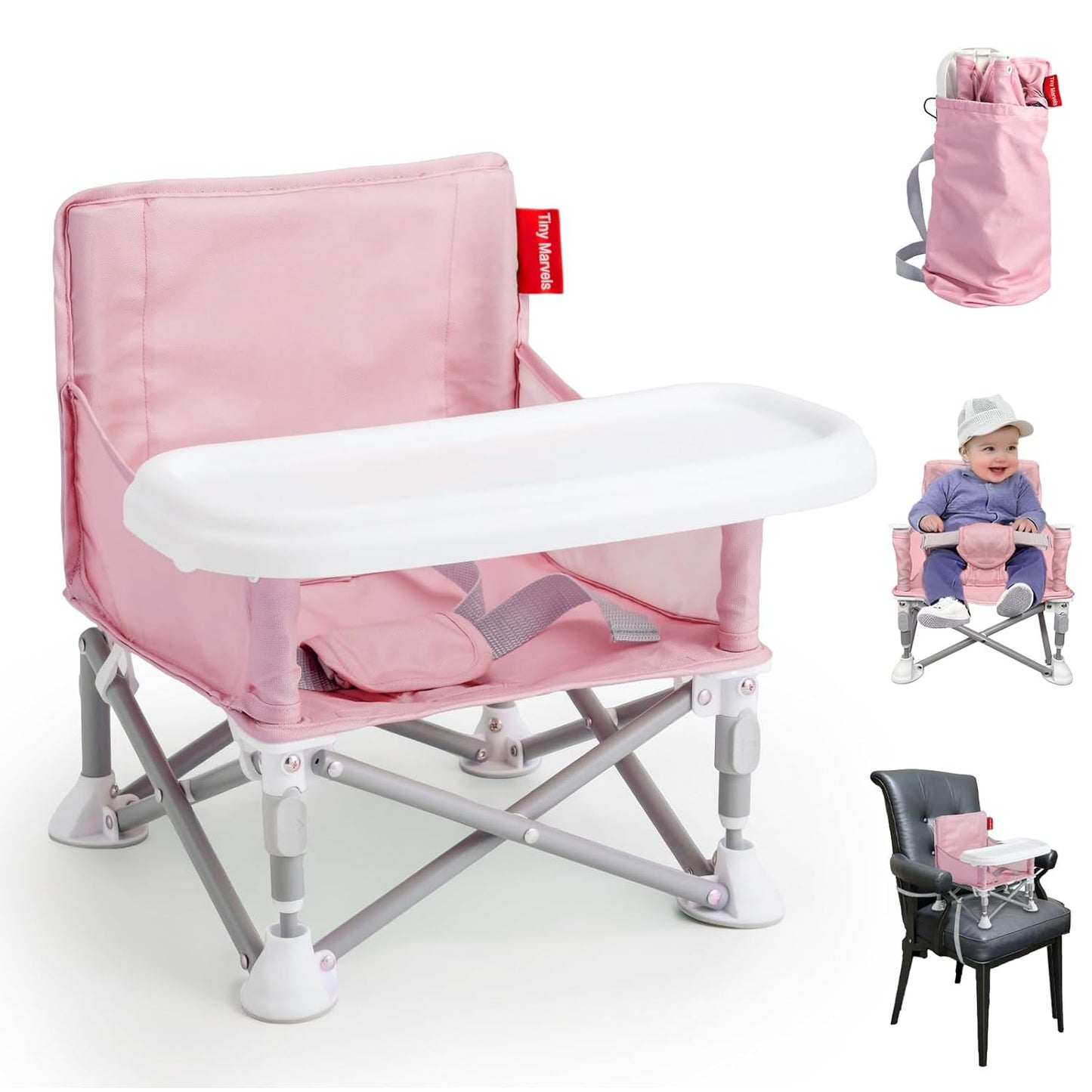 Tiny Marvels Portable 3-in-1 Baby Booster Seat – Cozy Floor Seat, Feeding Seat with Tray, Toddler Booster – Compact, Foldable, Safe with Child Safety Belt Carry Bag – Perfect for Travel & Family Time