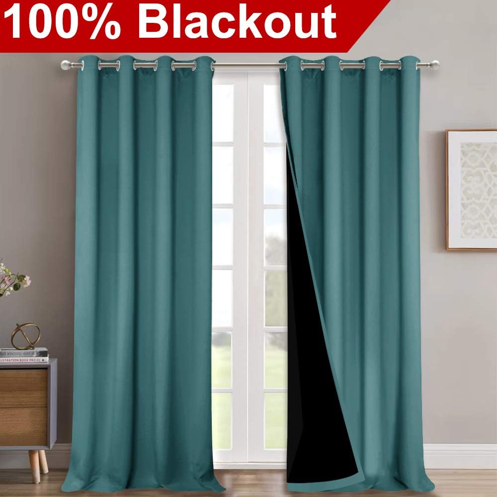 NICETOWN Full Shading Curtains 90" Long 2 Panels Set for Windows, Sea Teal, Pack of 2, 52" W, Super Heavy-Duty Black Lined Blackout Curtains for Bedroom, Privacy Assured Window Treatment