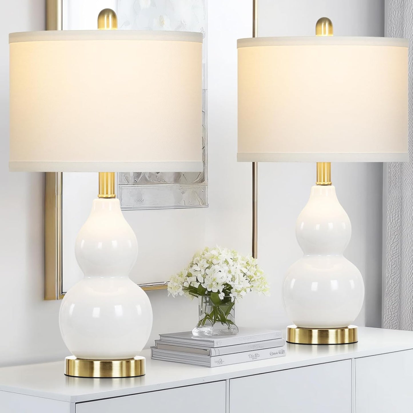 22" Modern Double Gourd Ceramic Table Lamps Set of 2, White Bedside Lamps for Living Room, Contemporary Nightstand Desk Lamps for Bedroom End Table Home Office Decor(2 LED Bulbs Included)