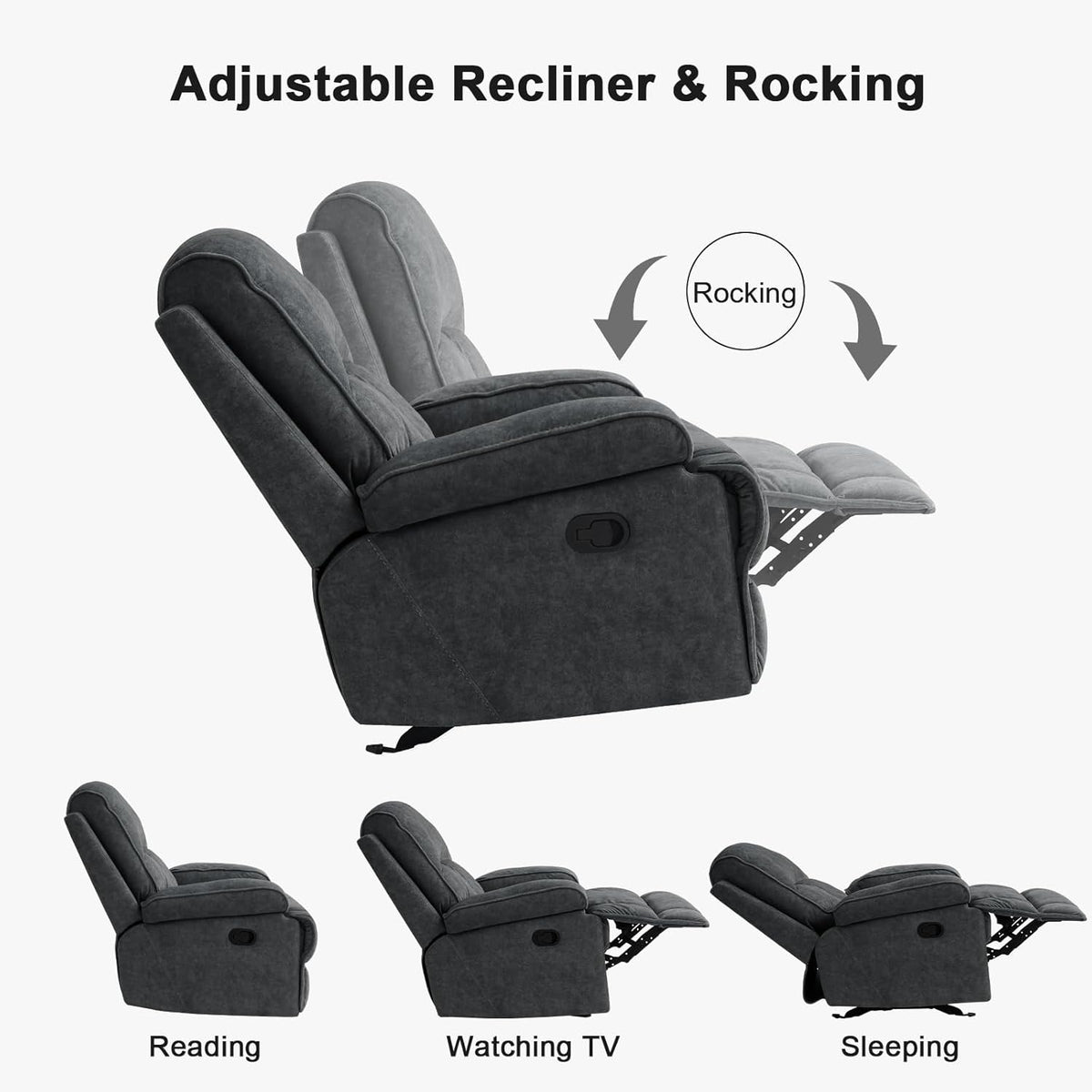 Nursery Glider Recliner Rocking Chair with Extra Large Footrest,Velvet Upholstered Nursing Chair for Breastfeeding for Living Room, Bedroom, Nursing Room (Style A, Dark Grey)