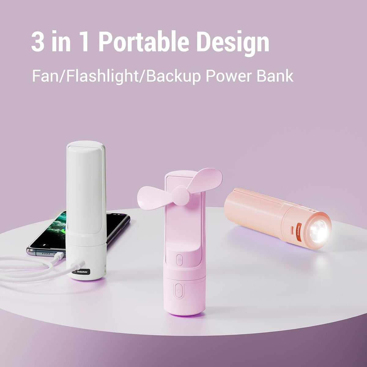 Airluxe Mini 3-in-1 Portable Fan Rechargeable- Handheld Fan with 35-Hour Battery Life, Fast Charging Power Bank&Flashlight- Personal Fan for Travel, Vacation, and Festival Essentials Purple