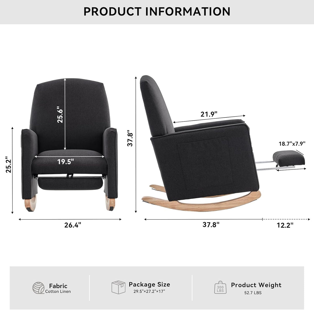 FOXHUNTER Rocking Chair Nursery with Adjustable Footrest and High Backrest, Upholstered Glider Chairs with Side Pockets for Nursery, Rocker Armchair Indoor for Living Room, Dark Gray