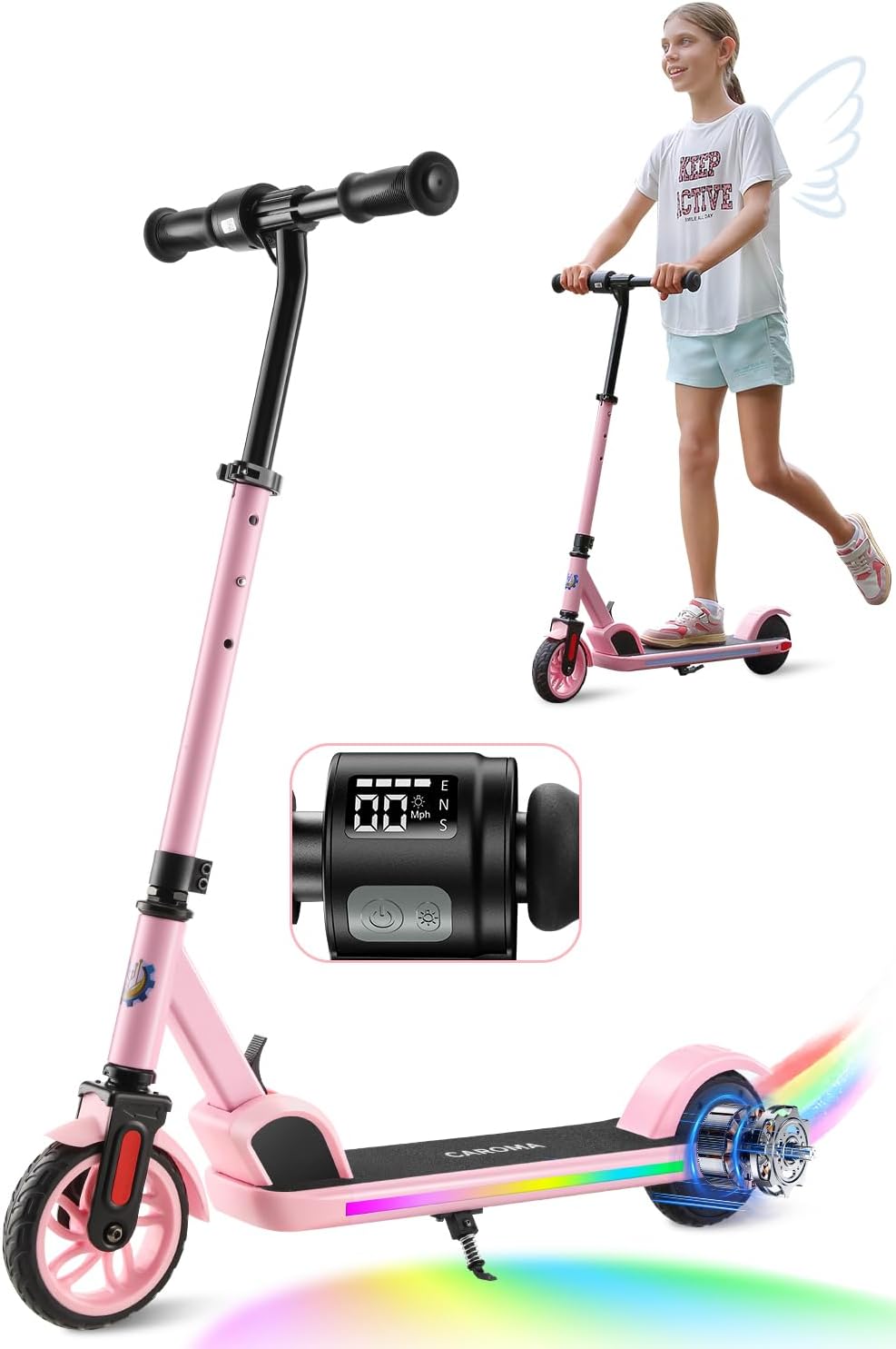 Caroma Electric Scooter for Kids Ages 6-12,150W/180WMotor,10 MPH Max Speed & 7 Miles,Colorful Lights,Adjustable Height & Speed,LED Display,Foldable Kids Electric Scooter 132 Lbs Max Load,Idea Gift