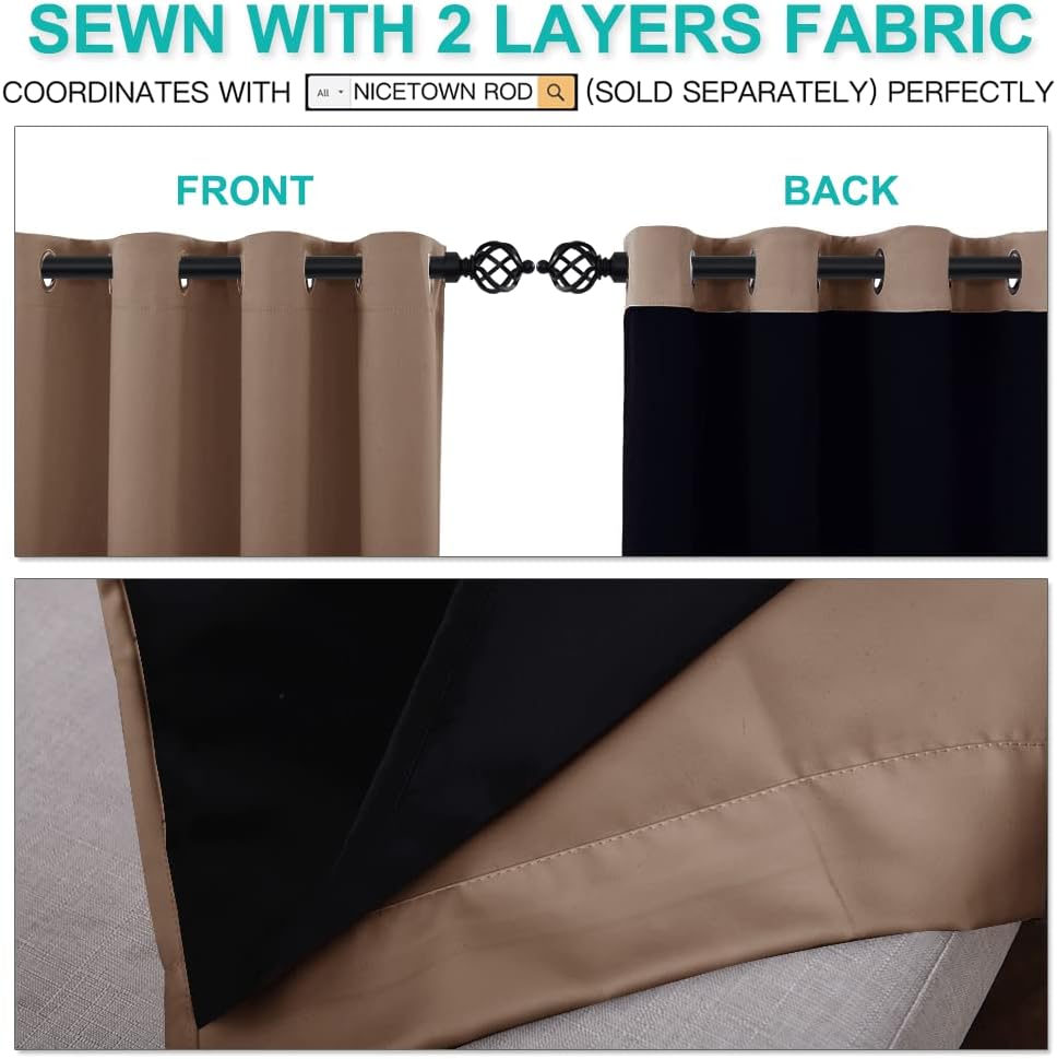 NICETOWN Bedroom Full Blackout Curtain Panels, Super Thick Insulated Window Covers, Keeping Out Cold Air and Heat 100% Blackout Blinds with Black Liner (Cappuccino, Set of 2, 52 by 54-inch)