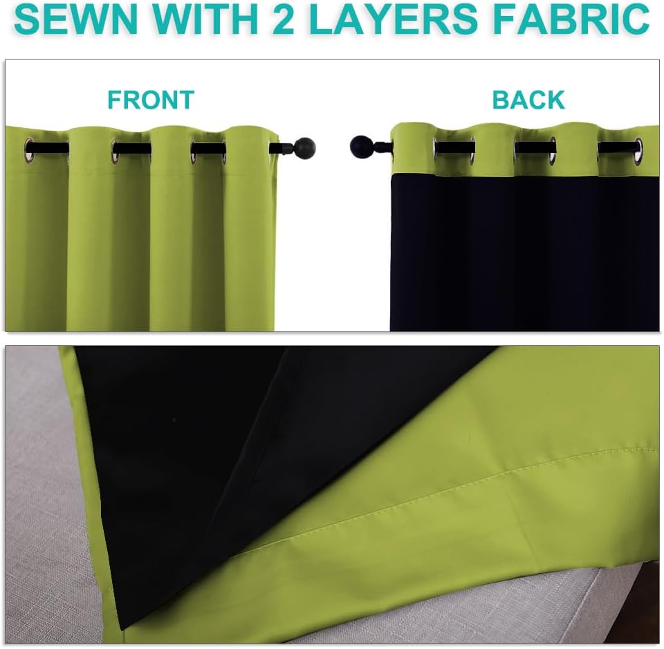 NICETOWN 100% Blackout Short Curtains with Black Liners, 2 Panels, 37" W by 50" L, Fresh Green, Solid Thermal Insulated Full Blackout 2-Layer Lined Drapes, Energy Efficiency Window Drapes for Bedroom