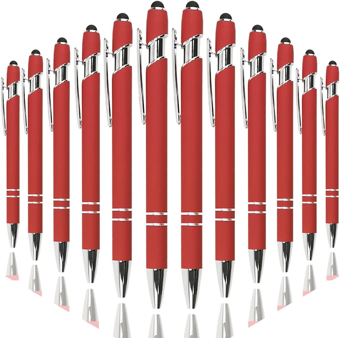 Ballpoint Pen with Stylus Tip, Soft Touch Click Metal Pen, 1.0mm Medium Point, Black Ink, 12 Count(Red)