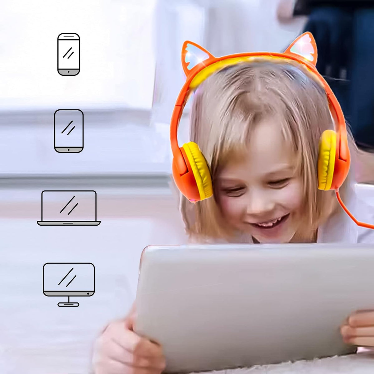 Olyre Kids Headphones Children Girls Boys Teens with LED Light Up and Sharing Port, Adjustable On Ear 3.5mm Jack Compatible School Cellphones Computer MP3/4 Tablets/E-Readers - Orange/Yellow