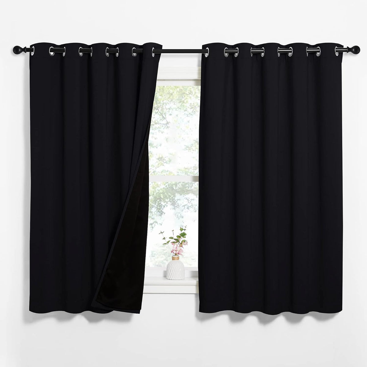NICETOWN Complete 100% Blackout Curtains, Thermal Insulated & Energy Efficiency Window Draperies with Black Liner, Noise Reducing Short Curtains for Kids Room (Black, 62-inch W by 63-inch L, 2 Panels)