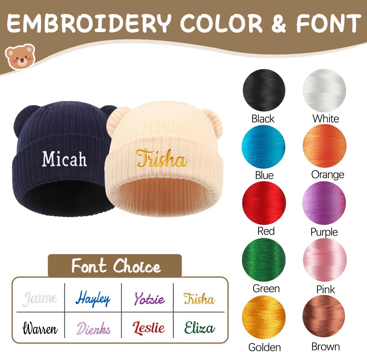 Personalized Baby Beanies Hats, Custom Embroidered Name Knitted Toddler Winter Bear Ear Hat