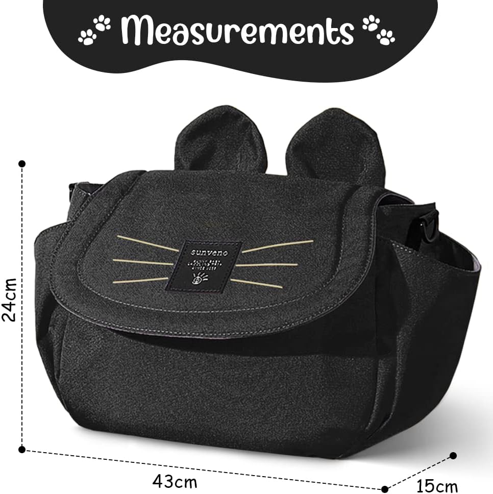 SUNVENO Universal Stroller Organizer with Cup Holder and Shoulder Strap, Cute Cartoon Cat Design, Diaper Bag with Multiple Inner Pockets, Fits Uppababy, Baby Jogger, Britax & Pet Strollers,Black