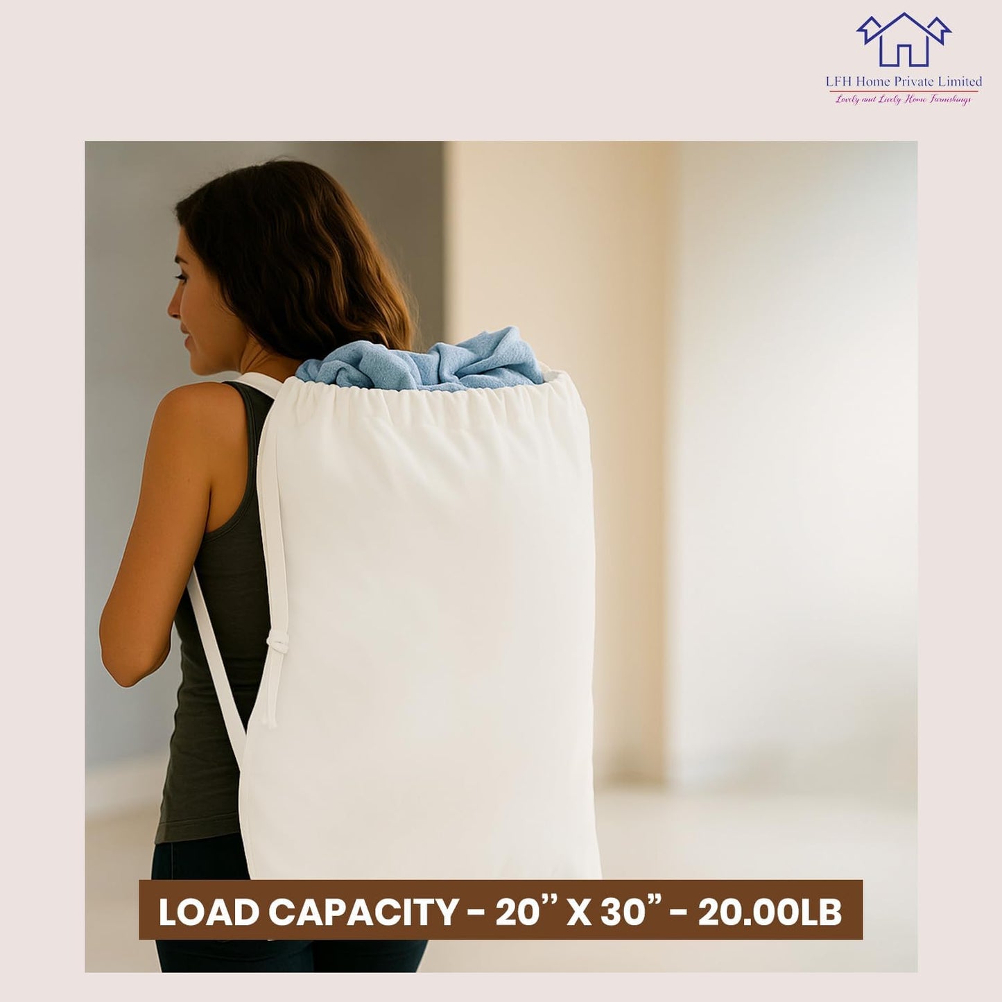 LFH Home Cotton Canvas Large Laundry Bag with Handle, Heavy Duty Drawstring Closure Washable Laundry Bags School Travel, Home, Hotel, College Dorm, Organizer Sack, Toys Clothes 20x30-White