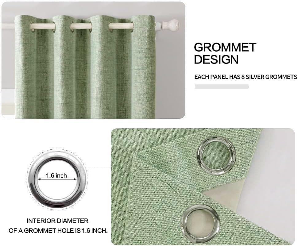 MIULEE Linen Texture Curtains for Bedroom Solid 100% Blackout Thermal Insulated Sage Green Curtains Grommet Room Darkening Drapes for Living Room Nursery 52x96 Inch (2 Panels)