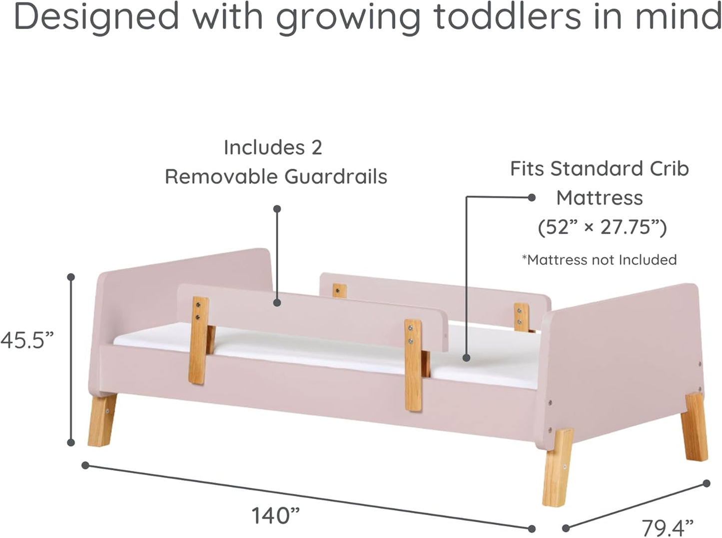 dadada Muse Toddler Bed with 2 Removable Safety Rails. Low Profile Montessori Bed for Kids. Sturdy Solid Wood Frame, Fits Standard Crib Mattress, Easy to Assemble, Toddler Bed for Girls & Boys - Pink