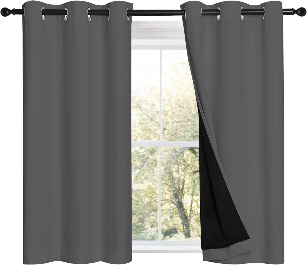 NICETOWN Grey 100% Blackout Room Warming Curtains 45 inches Long, Thermal Insulated Full Blackout 2-Layer Lined Curtains, Energy Efficiency Window Draperies for Dining Room (2 Panels, 42-inch W)