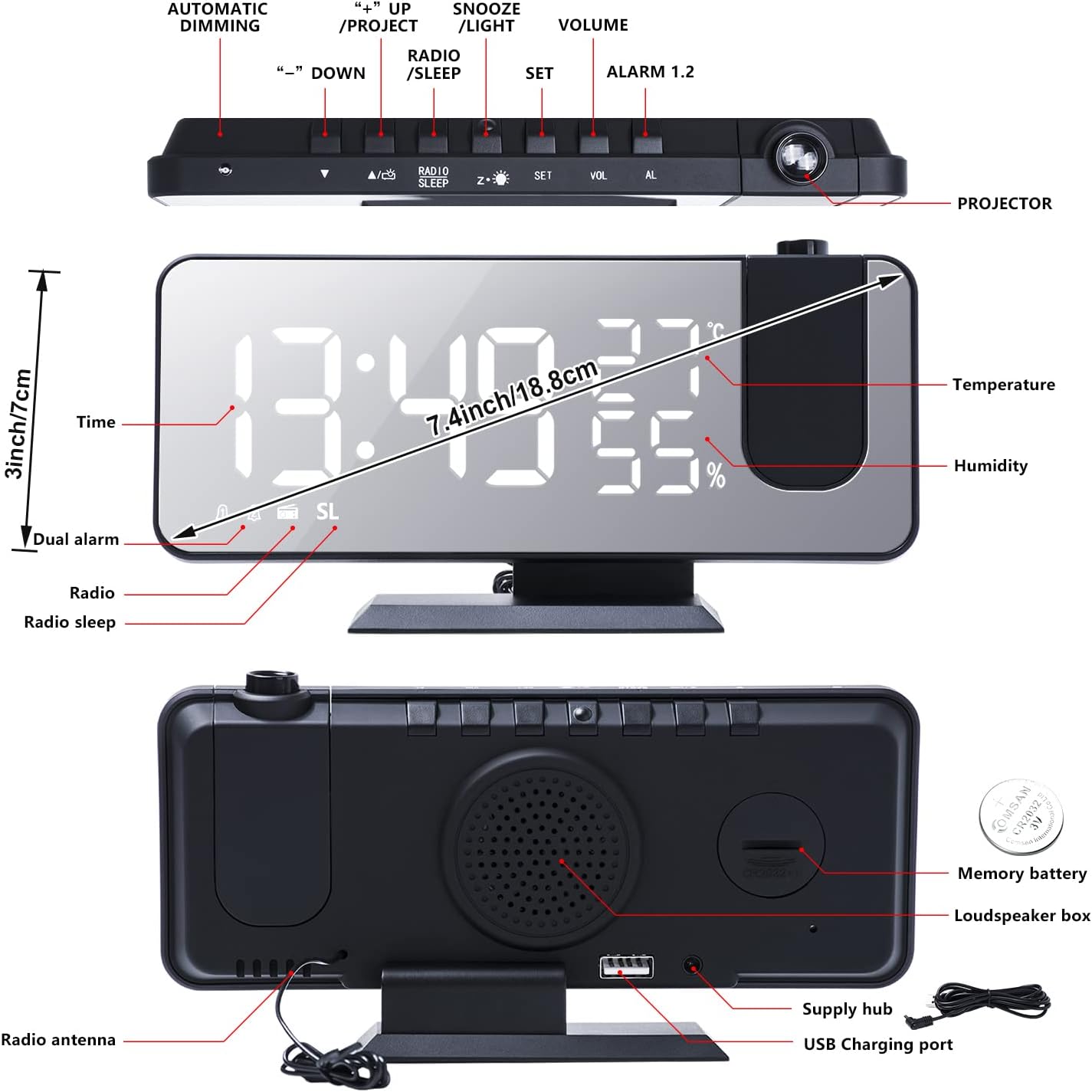 Projection Alarm Clock for Bedrooms Ceiling, Digital Clock Radio with USB Charger Port, Temperature & Humidity Display, 7.3” Large LED Display,12/24H,Snooze,Dual Loud Clock- 4 Dimmer