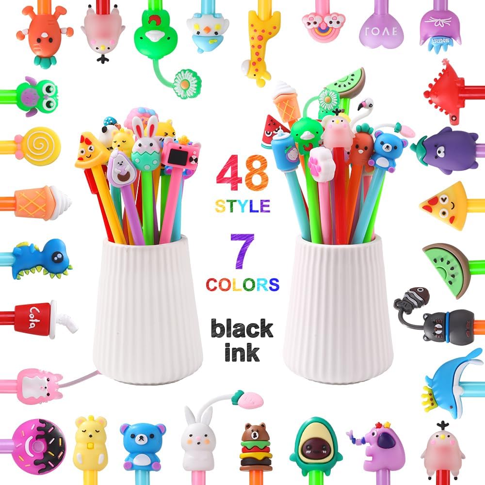 48PCS Cute Cartoon Gel Ink Pens 48 Styles Bulk Novelty Assorted Styles Animal Pens for Kids Fun Writing Students Rewards School Office Home Supplies