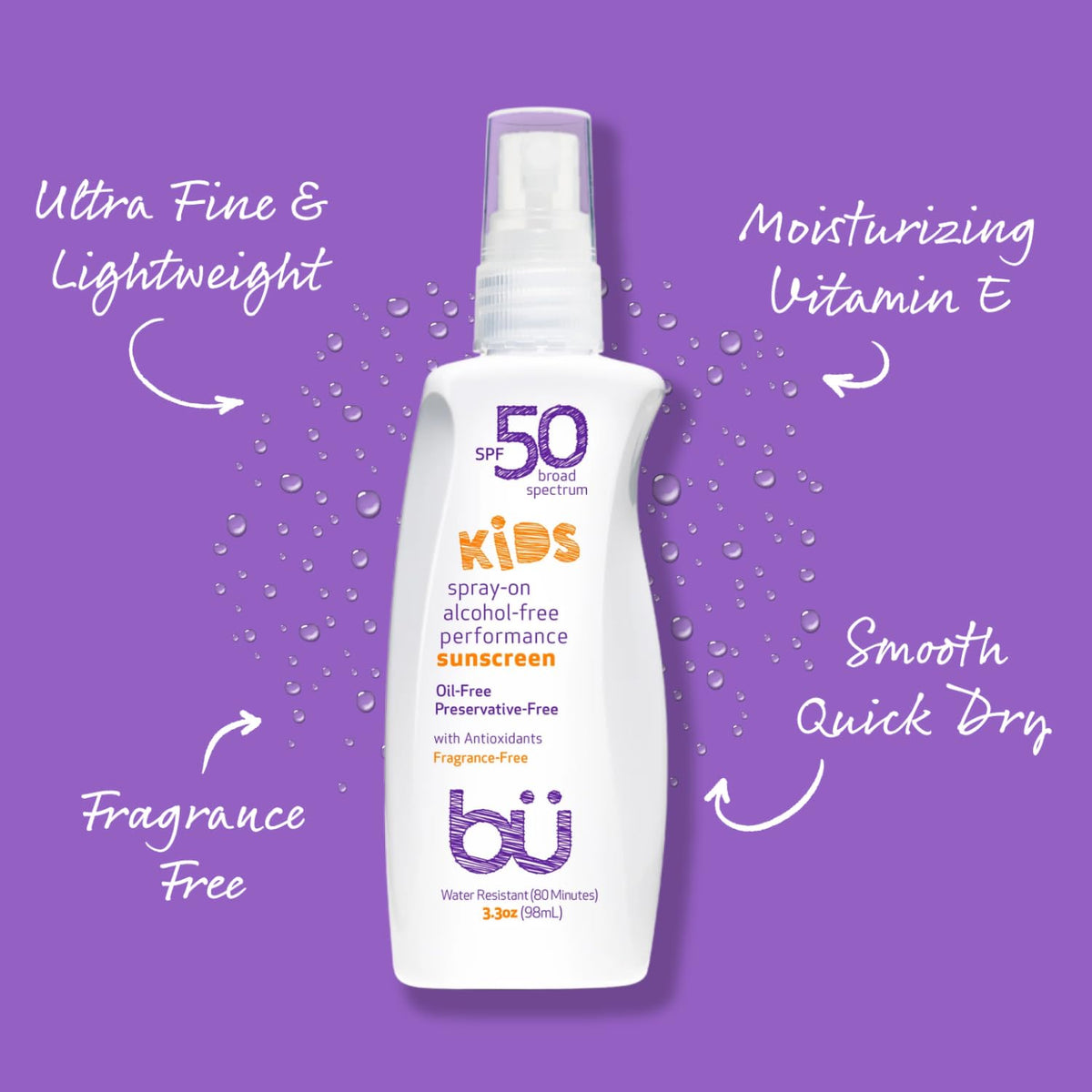 BU SPF 50 Fragrance Free Kids Sunscreen Spray for Face and Body, TSA Travel Size Sunscreen, Clear Non Aeorsol Spray, Non Greasy, Water Resistant and Oil Free, 3.3 oz (3-pack)