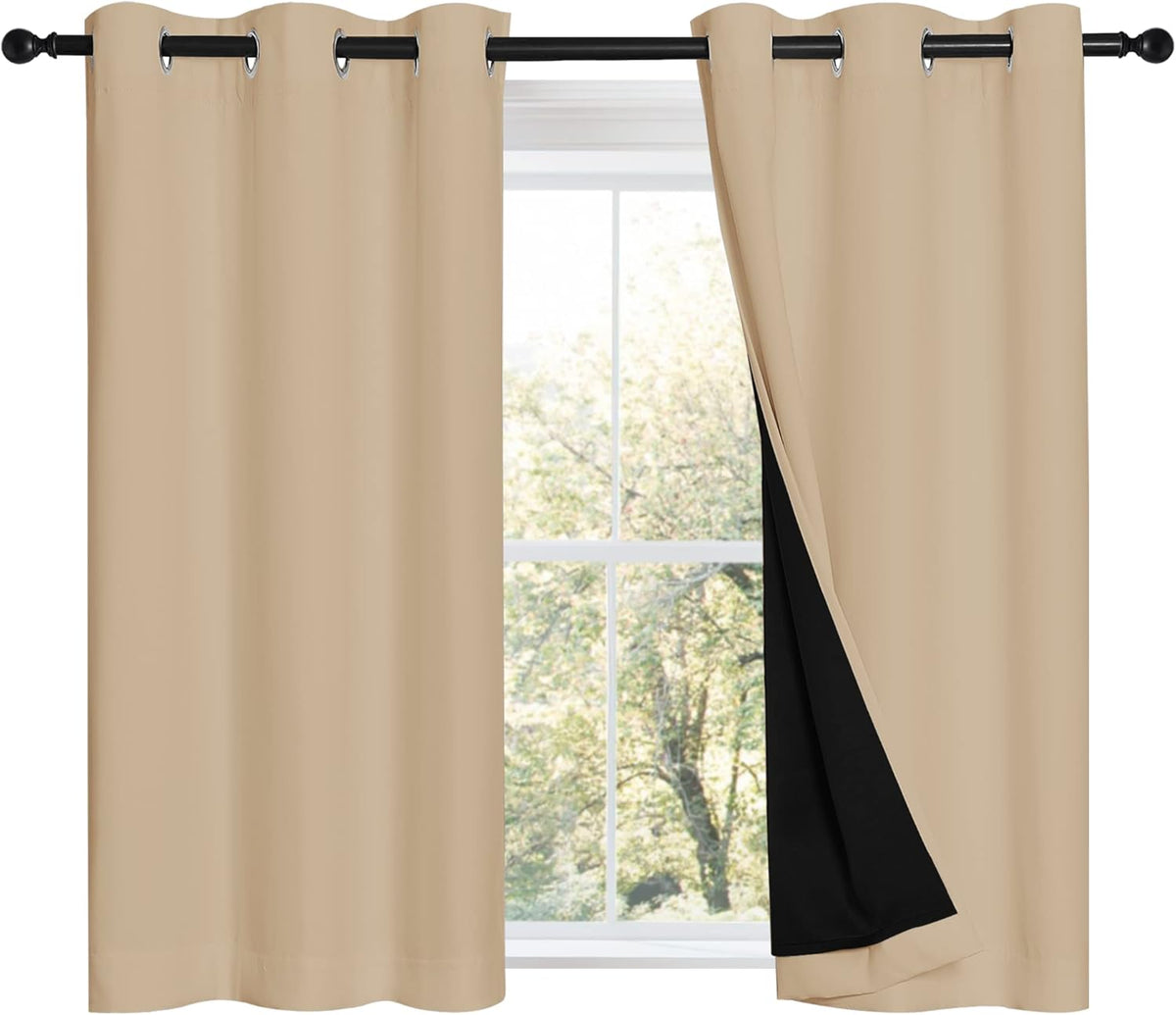 NICETOWN Biscotti Beige Bedroom Full Blackout Curtain Panels, Super Thick Insulated Window Covers, Complete Blackout Draperies with Black Liner for Short Window(Set of 2, 42 by 45-inch)