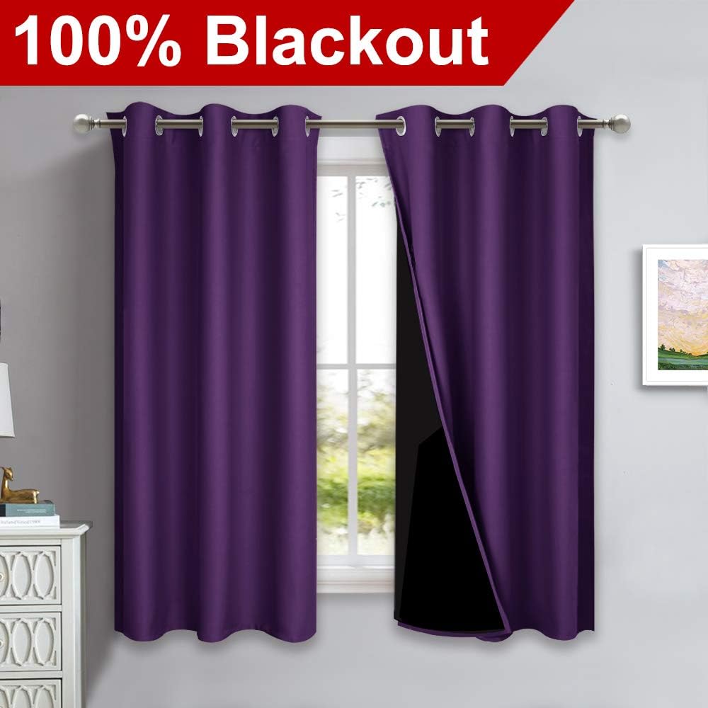 NICETOWN 100% Blackout Room Warming Curtains 45 inches Long, Royal Purple, 2 Panels, 42-inch W, Thermal Insulated Full Blackout 2-Layer Lined Curtains, Energy Efficiency Window Drapes for Dining Room