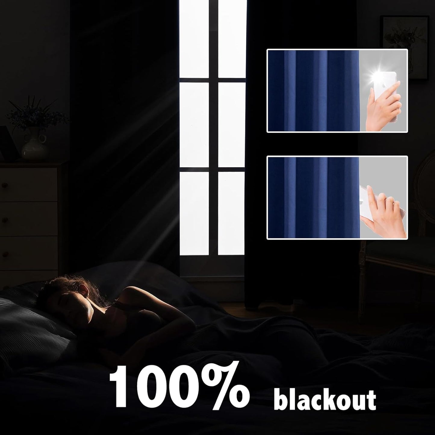 Anytime 100% Blackout Curtain Set, Thermal Insulated & Energy Efficiency Window Draperies for Guest Room, Full Shading Panels for Shift Worker and Light Sleepers（Navy Blue, 2 Panels, 70W x 108L）