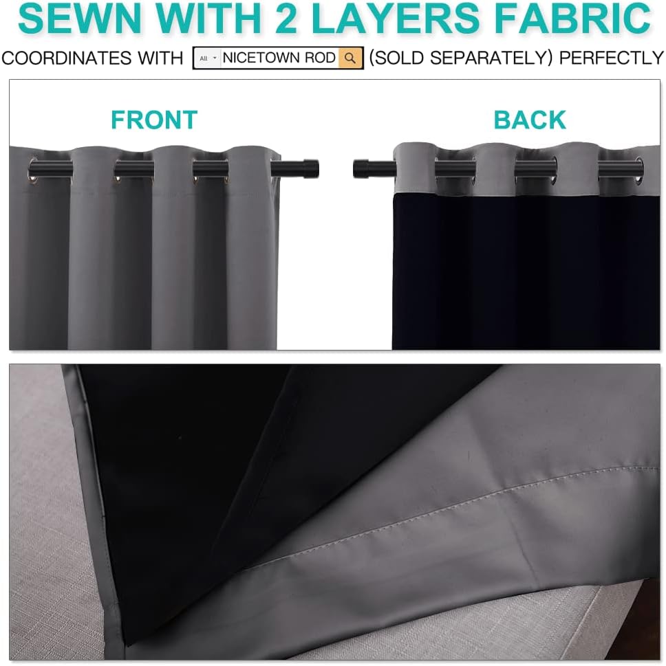 NICETOWN 100% Blackout Curtains with Black Liners, Thermal Insulated Full Blackout 2-Layer Lined Drapes, Energy Efficiency Window Draperies for Bedroom (Grey, 2 Panels, 52-inch W by 63-inch L)