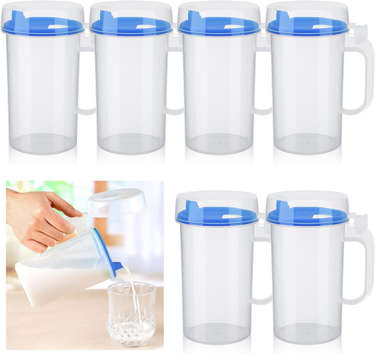 Newtay 6 Pack Early Learning Kids Easy Pouring Mini Pitchers Clear Plastic Pitcher with Lid and Handle Easy Pour Bottles 16 Oz. Jugs with Lids for Classroom Nursery Home (Blue)