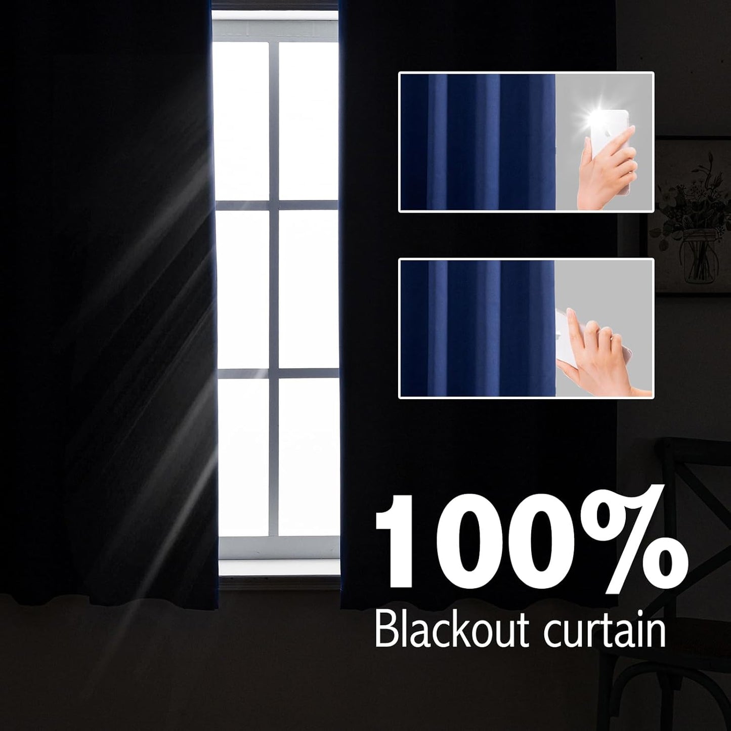 Anytime 100% Blackout Curtain Set, Thermal Insulated & Energy Efficiency Window Draperies for Guest Room, Full Shading Panels for Shift Worker and Light Sleepers（Navy Blue, 2 Panels, 52W x 72L）