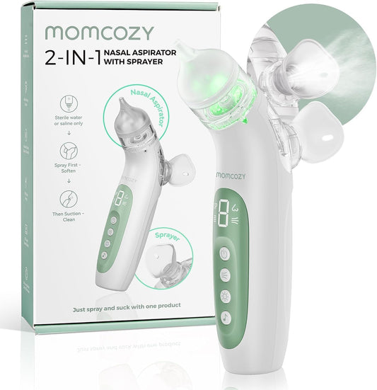 Momcozy BreezyClear™ 2-in-1 Electric Nasal Aspirator with Spray, Nasal Aspirator for Baby, 65kPa Nose Sucker with 4 Adjustable Suction Levels,Portable Electric Nose Cleaner,Light & Music Soothing