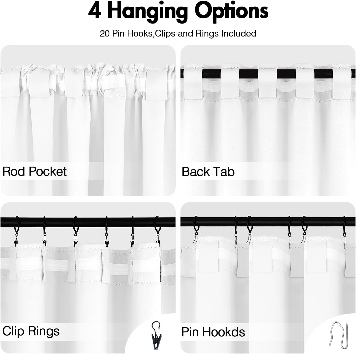 ANRODUO Back Tab Blackout Curtains for Bedroom Living Room, Rod Pocket Pinch Pleated Thermal Insulated Room Darkening Curtains 54 Inches Long 2 Panels, White, 42 x 54 Inch