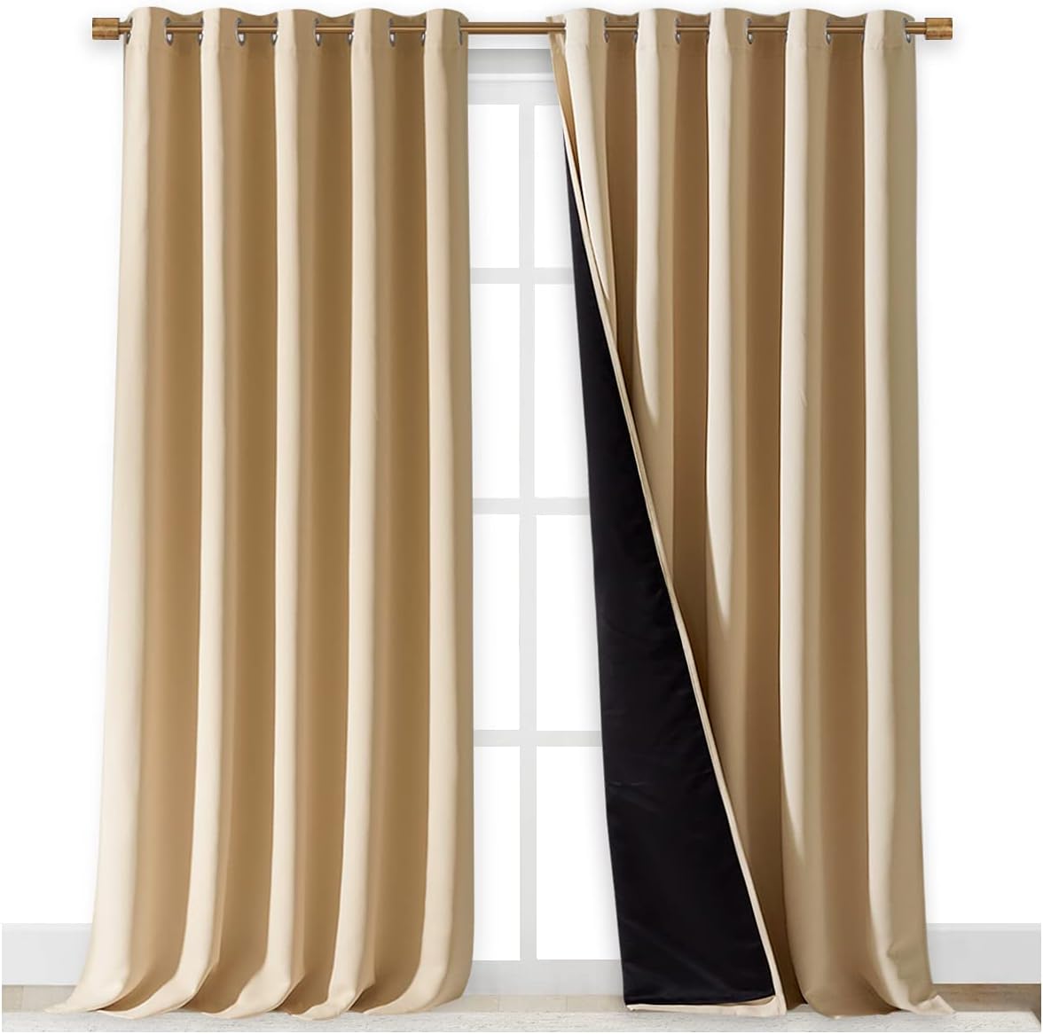 NICETOWN Thermal Insulated 100% Blackout Curtains, Cold Noise Reducing Performance Drapes with Black Lining, Full Light Blocking Panels for Patio (Biscotti Beige, 1 Pair, 70 inches x 95 inches)