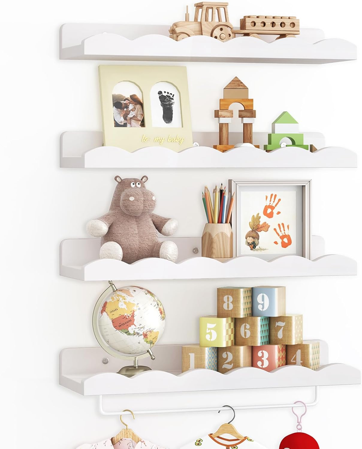 Fixwal Nursery Shelves, 16.5 Inch Floating Bookshelves for Wall Set of 4, Scalloped Wall Book Shelves with Towel Rack for Kids, Toddler Room, Baby Room, Nursery Decor and Storage(White)