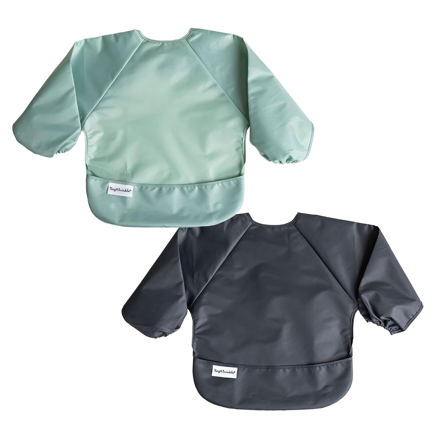 Tiny Twinkle Mess Proof Baby Bibs, 2pk Waterproof Smock Baby Bibs for Eating, Machine Washable Long Sleeve Bibs, Baby Led Weaning, Toddler Bibs, BLW Supplies (Sage Charcoal, Small 6-24 Months)